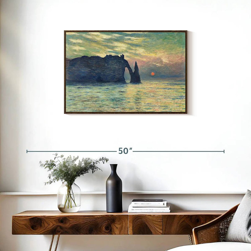 Coucher de soleil sur la falaise d'Etretat, Cadre flottant noyer, 31 po x 21 po