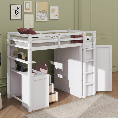 Lit mezzanine avec bureau à tiroirs et garde-robe intégrés