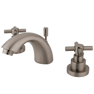 Kingston Brass Two-Handle 3-Hole Deck Mount Mini-Widespread Bathroom Faucet with Brass Pop-Up