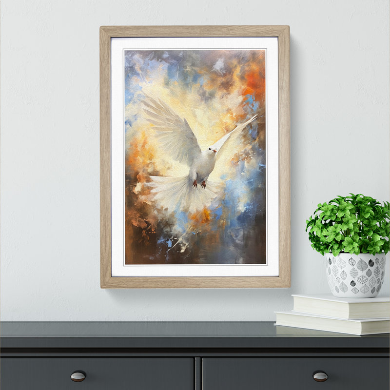 Dove Bird Gestural - Single Picture Frame Print on Wood, Oak Framed, 34cm H x 25cm W
