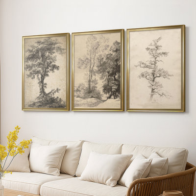 Vintage Sketch C  -Custom Framed  Wrapped Gallery Canvas - 3 Pieces