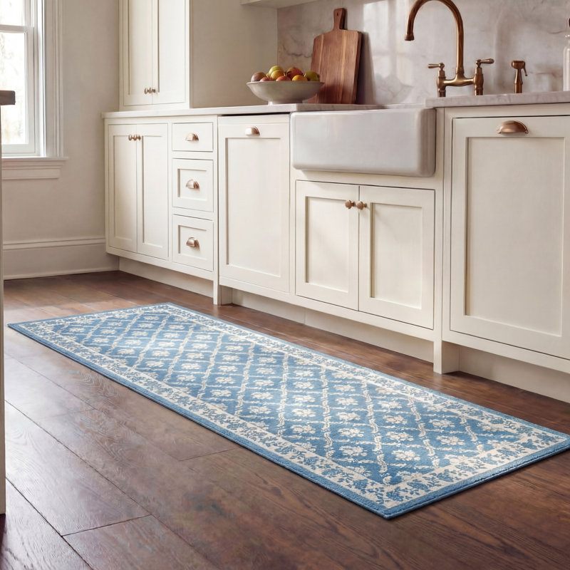 Laura Ashley Merley Washable Printed Chenille Rug 1-Piece, Blue, 24" x 72"