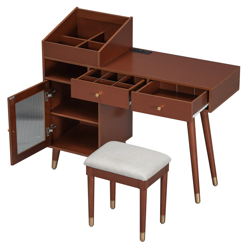 Modern Dressing Table Set With Stool, Drawers And Charging Port, Walnut
