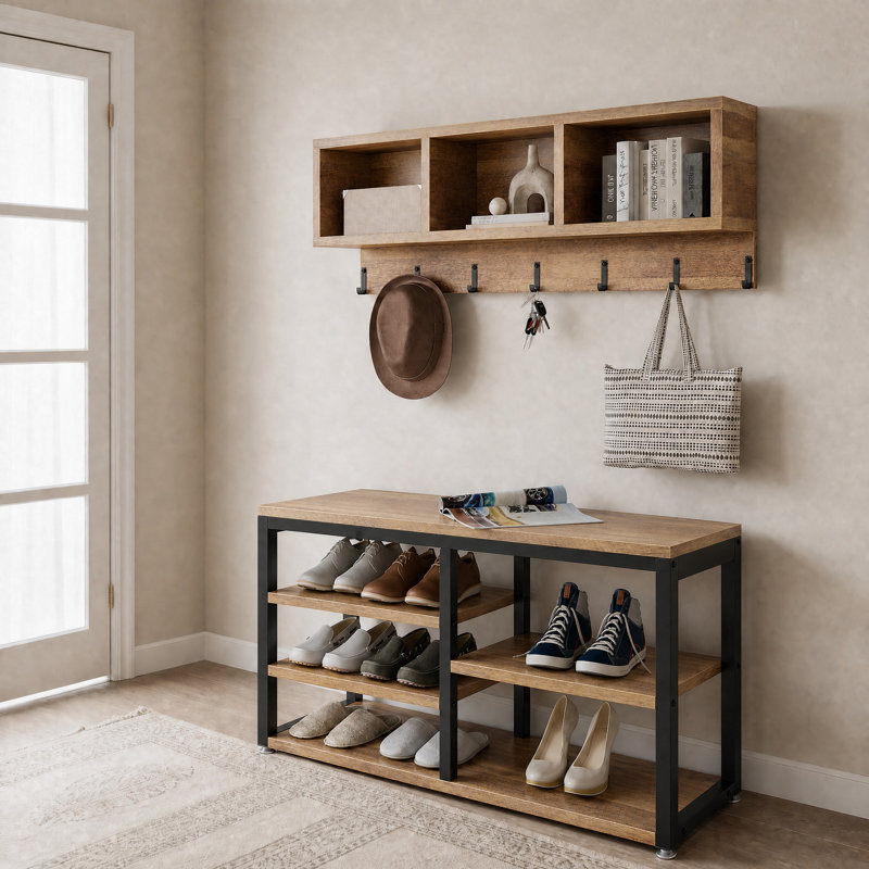 Edalyn 31.5"  Wide Hall Tree with Bench and Shoe Storage, Brown