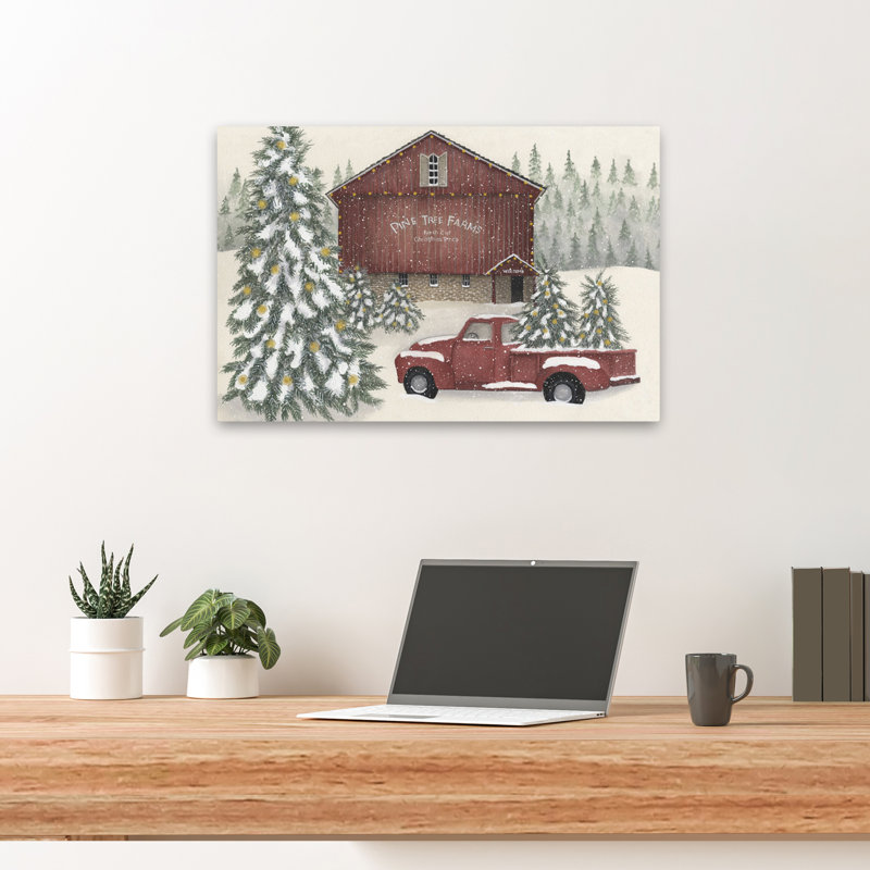Pine Tree Farms - Art contemporain de neige grange rouge, H 24 po x l 16 po