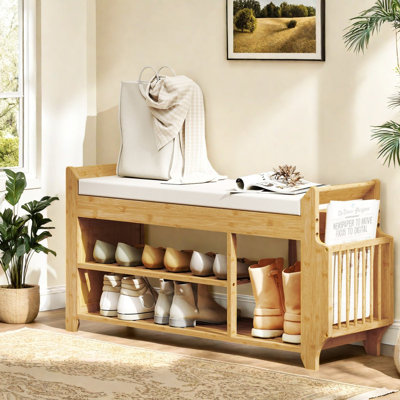 Shoe Storage Bench, Natural Bamboo 2 Tier Modern Entryway Organizer