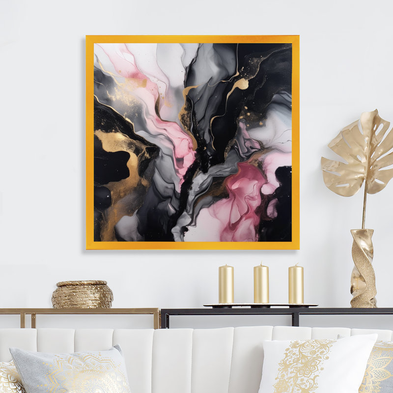 Art abstrait sur toile marbrée abstraite, impression fluide or noir - Marbre noir or Splash II, H 36 po x l 36 po x P 1,5 po