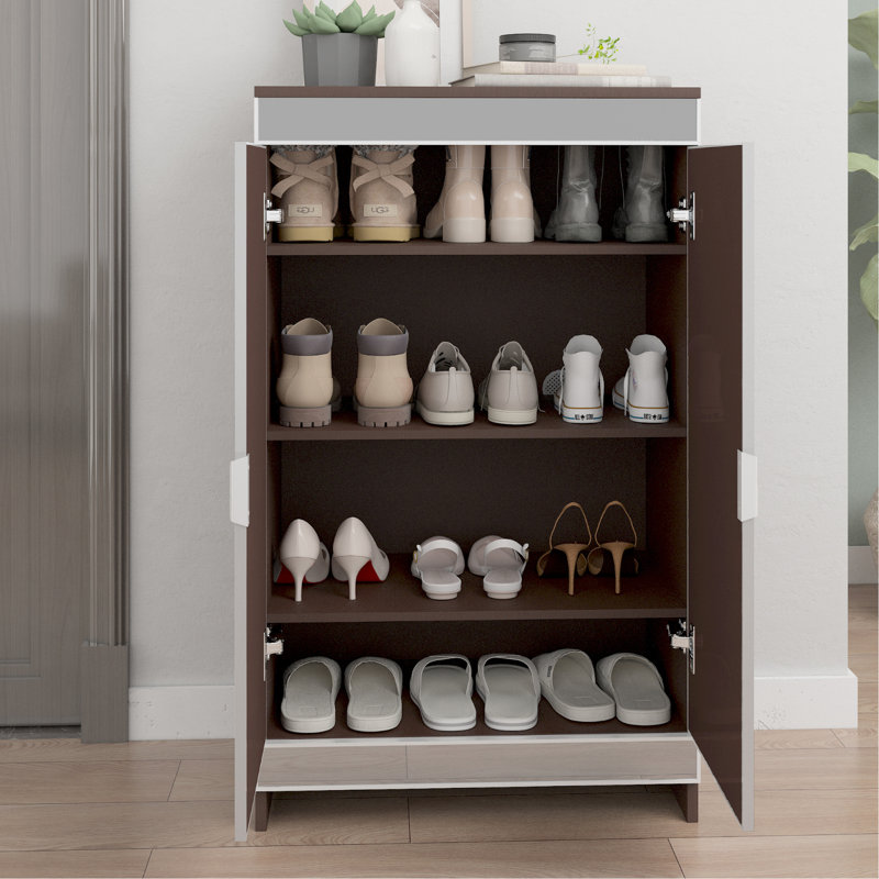 Modern Double Door Mirrored Shoe Cabinet - Brown, Frosted Glass, Silver Accents For Entryway Storage Edging
