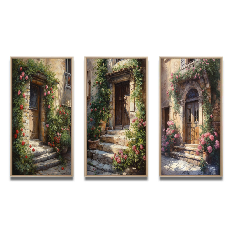 "Village porte remplie de fleurs" 3 pièces sur toile, Cadre naturel flottant, H 28 po x l 36 po