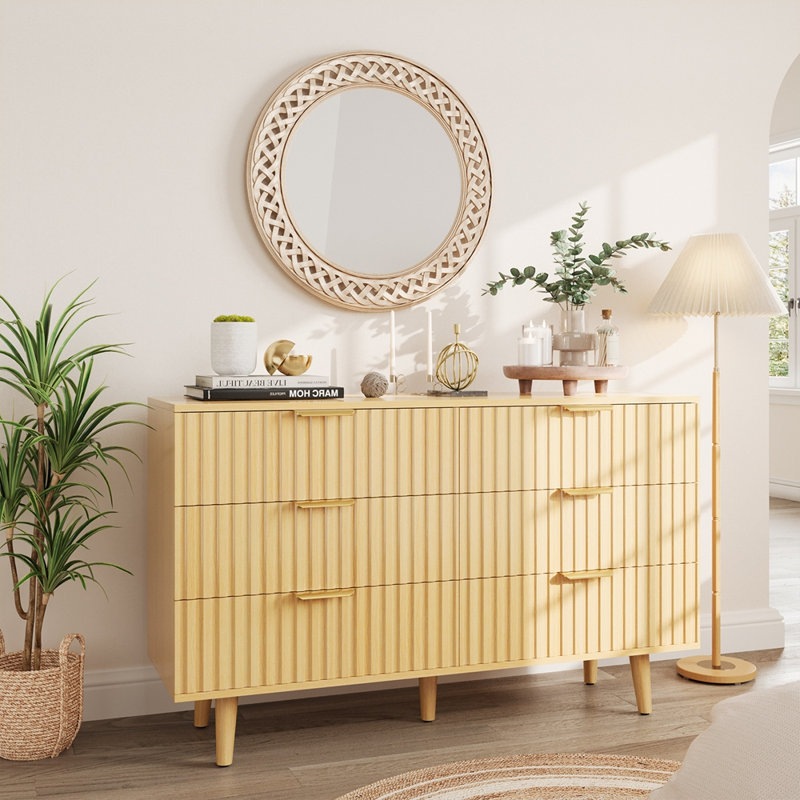 Commode 6 tiroirs cannelée en bois, Naturel