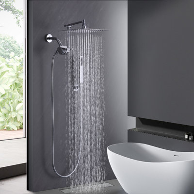 10 Inch All Metal Rainfall Shower Head With Handheld Combo, High Pressure Dual Rain Shower Head Spray, Push Button Switches, Adjustable Extension Arm, Polished Chrome