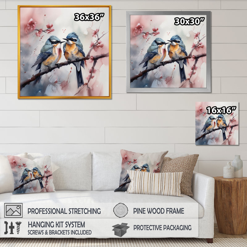 «Blue Birds On A Branch III» - reproduction d'oiseaux sur toile, Impression dorée sur toile encadrée