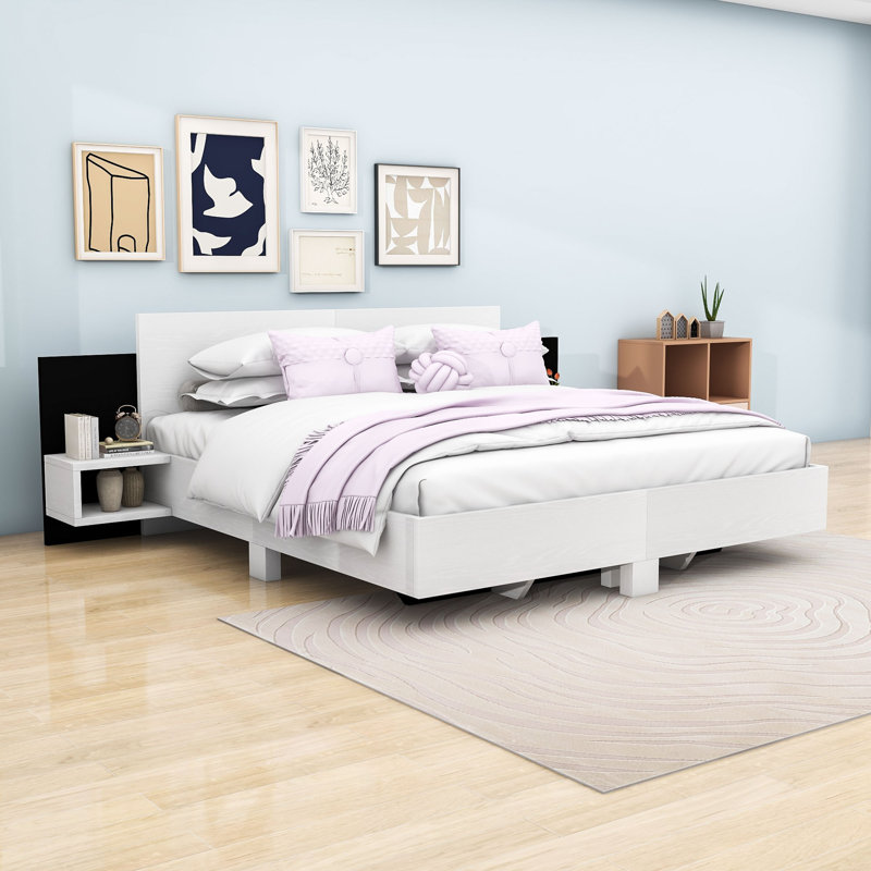 Wood Floating Platform Bed with LED Lights and Built-in Nightstands, King, White
