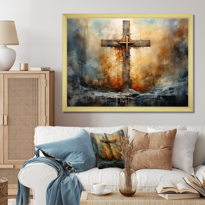 Croix, symbole puissant - art mural, Cadre doré simple, H 34 po x l 44 po x P 1,5 po