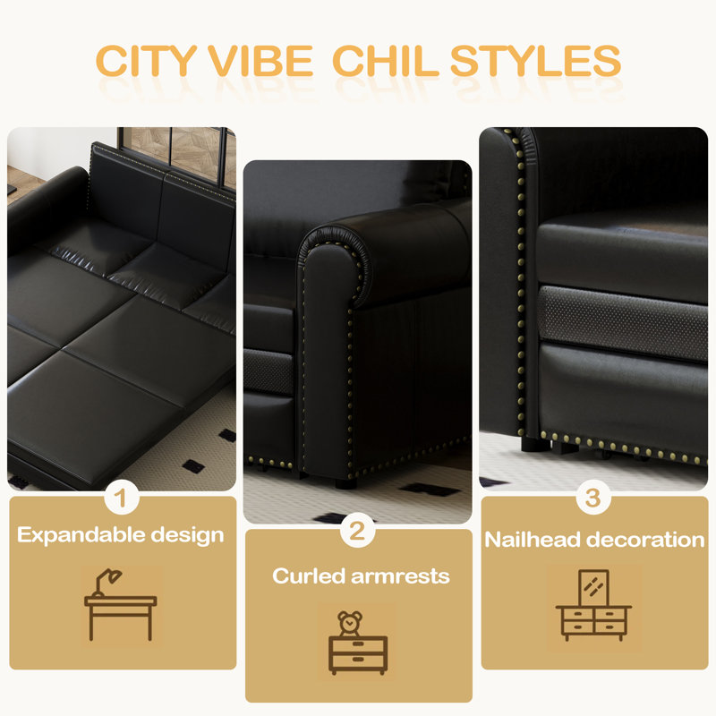 Sofa,93.7" King Pull Out Sofa Bed,3-In-1 Faux Leather Convertible Sleeper Sofa With Nailhead Trim & Rolled Arm,Multi-Functional Sofa Bed For Living Room,Bedroom