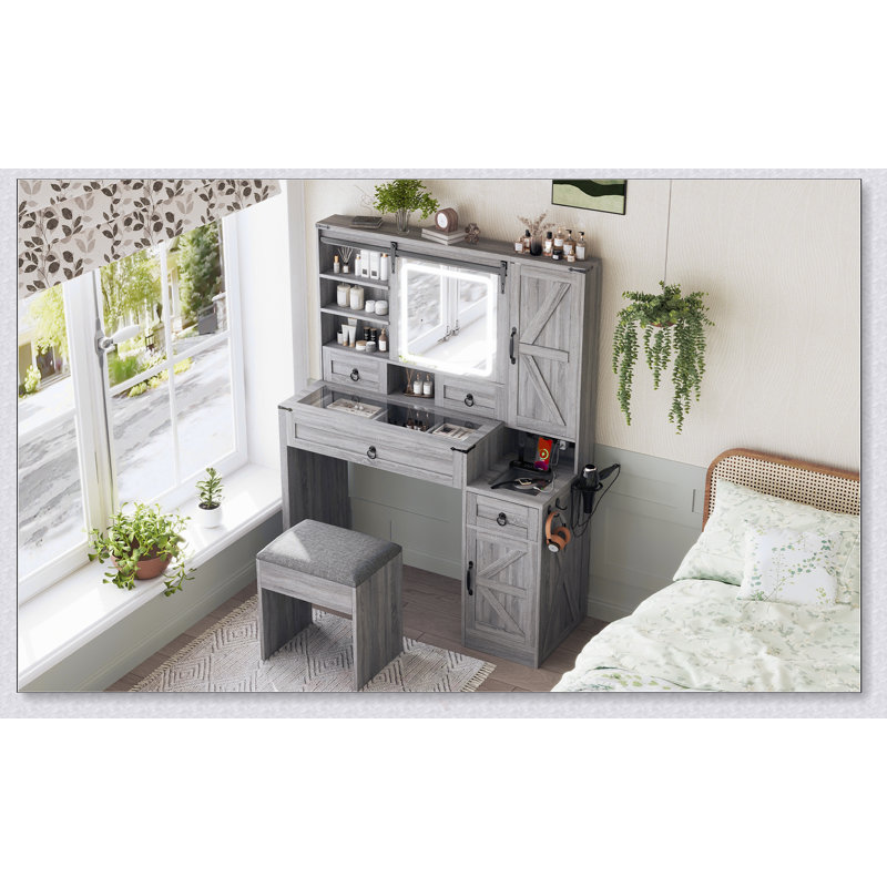Farmhouse Vanity Desk With Sliding LED Mirror And Lights, Glass Top, Charging Station, And Ample Storage For Cosmetics And Accessories