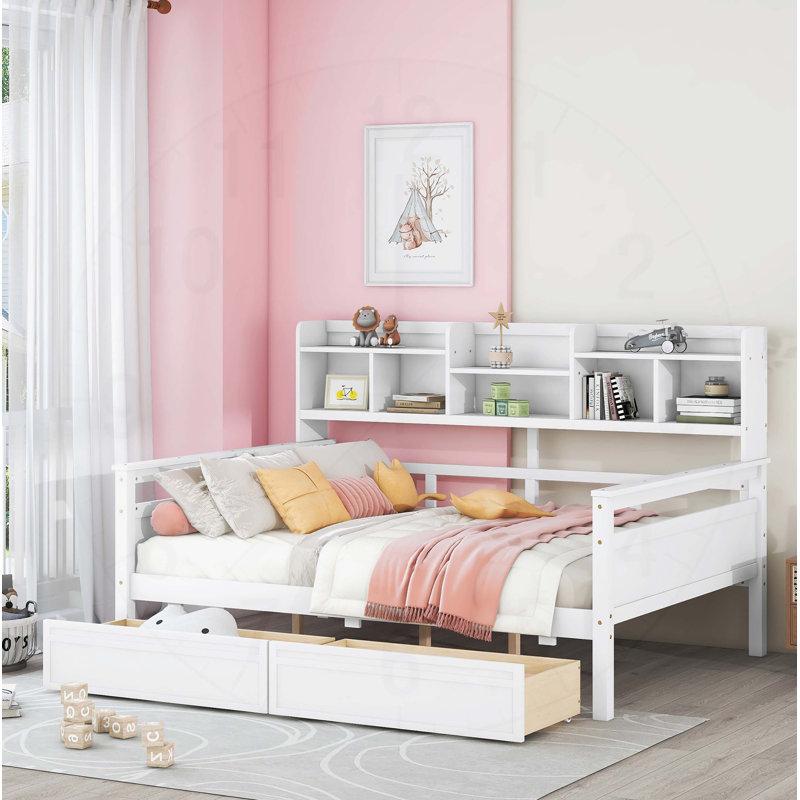 Daybed with Wood Slat Support, Bedside Shelves, and Two Drawers, , Versatile and Stylish, Full/Double, White