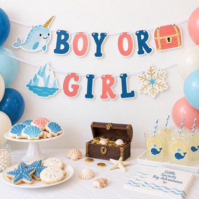 Narwhal Little Secret Gender Reveal Banner, Boy or Girl Ocean Treasure Garland, Coral Blue Arctic Cardstock Decor