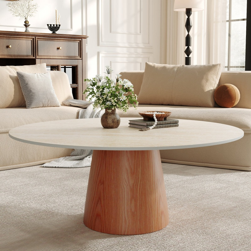 Table basse ronde en travertin moderne avec piédestal en bois massif, 17.32" H x 35.43" L x 35.43" W, White/Walnut
