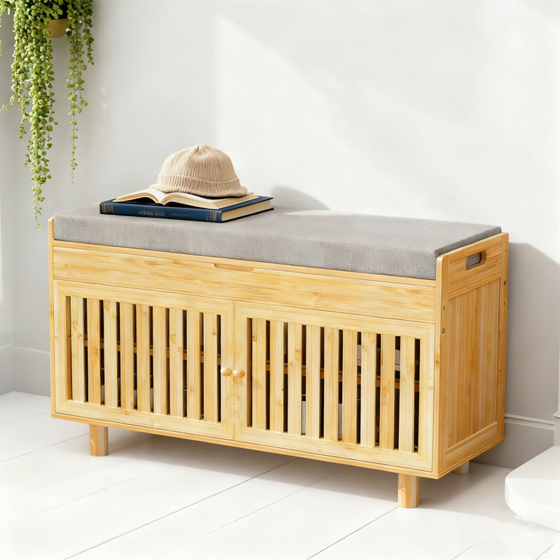 Bamboo Shoe Storage Bench With 2 Doors & Lift Top, 35.4 Inch Entryway Bench With Padded Cushion, 2-Tier Hidden Storage Organizer For Entryway Living Room