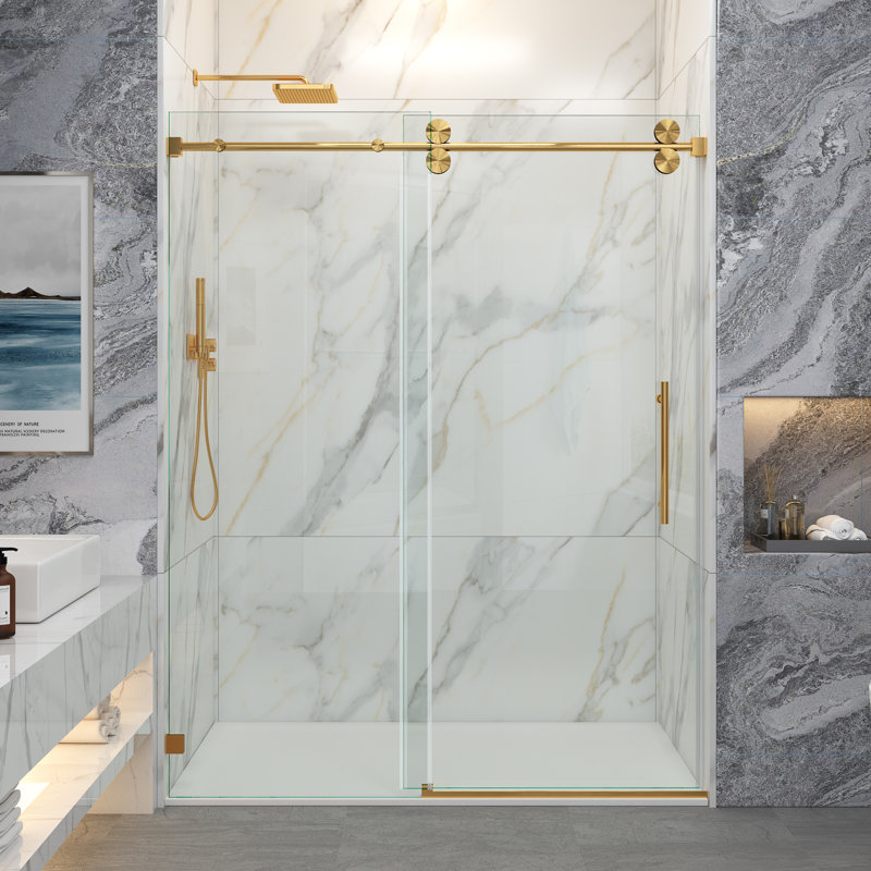 Opal Mirage MCOCOD 68"-72" W x 76" H Single Sliding Frameless Smooth Sliding Shower Door with 3/8" (10mm) Clear Glass, Gold