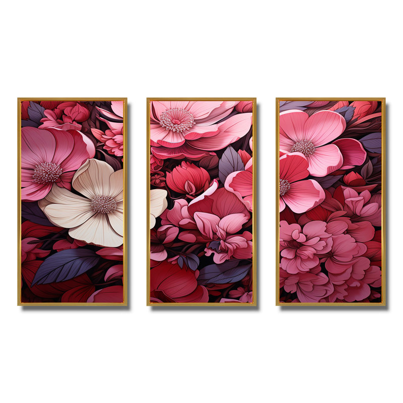 «Pink Twilight Poppies Glow Collage» - Art mural coquelicots, Cadre flottant doré, H 28 po x l 36 po x P 1 po