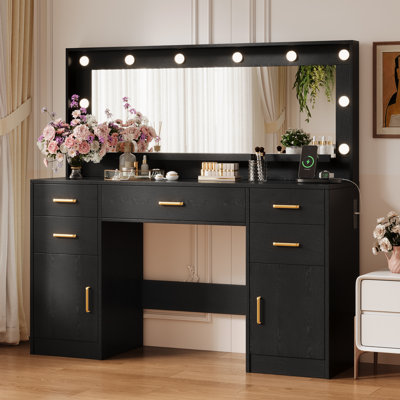 44.8" Black Vanity Desk with 3-Color LED Mirror & Charging Station, 5 Drawers Makeup Vanity with Cabinets for Bedroom