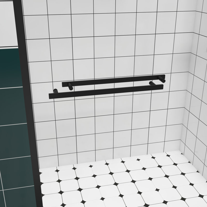 76" High Double Sliding Shower Door With Handle For Towel Hanging, Black Aluminum Frame, Easy Installation Steps Guide