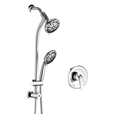 Ensemble de douche double contemporain avec 7 jets, douchette à main de 12,7 cm et pommeau de douche de tête, fonction pause pour économiser l'eau, barre de réglage en hauteur de 66 cm, finition, ensemble de douche complet, options de douche, fixe, caractéristique.