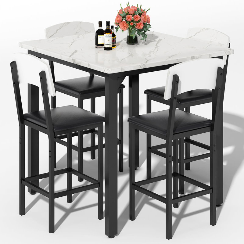 Marble 5-Piece Dining Table Set: Counter-Height Table & Stools | Space-Saving for Kitchen, Office, Small Spaces, White