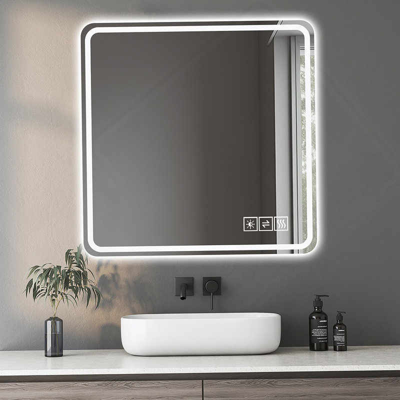 Miroir de salle de bain 36 po x 36 po à DEL, verre anti-explosion, résistant à la rouille, antibuée, changeant de tricolore, idéal pour tous les décors de salle de bain, un accessoire de salle de bain indispensable