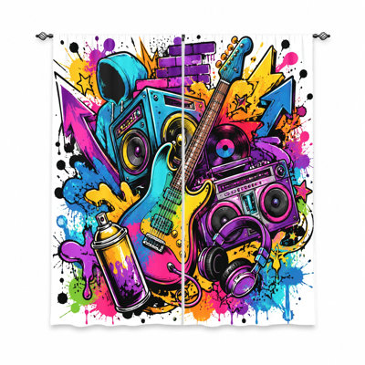 2 pièces de rideaux pour casque de guitare Graffiti Boombox, peinture en aérosol vibrante, lecteur de cassettes rétro et motif électrique, protection de la vie privée filtrant la lumière, conception à passe-tringle, pour salon, chambre à coucher, adolescent, décoration