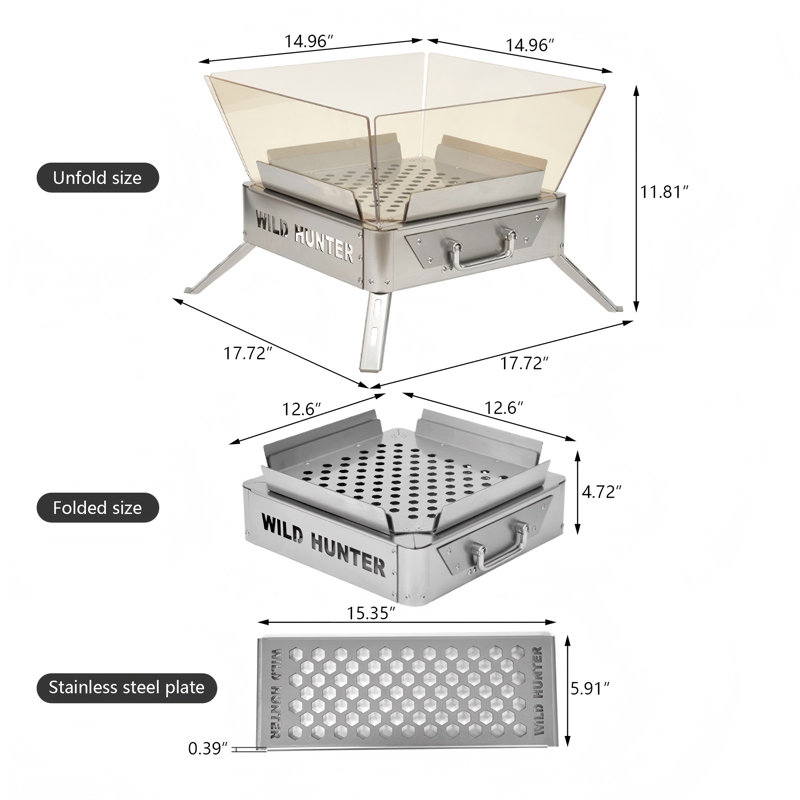 Foyer d'extérieur au feu de bois en acier inoxydable + verre micro-cristallin