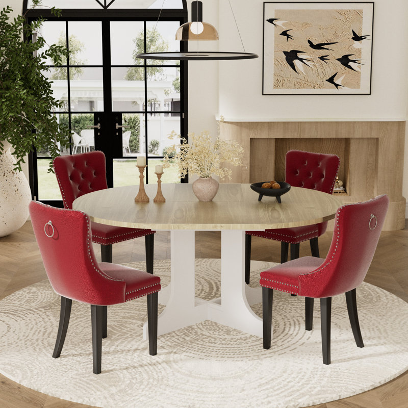 5 Pieces Modern Farmhouse Natural Round Dining Set with Mid-century High-end Tufted Dining Chair Set for 4, Burgundy