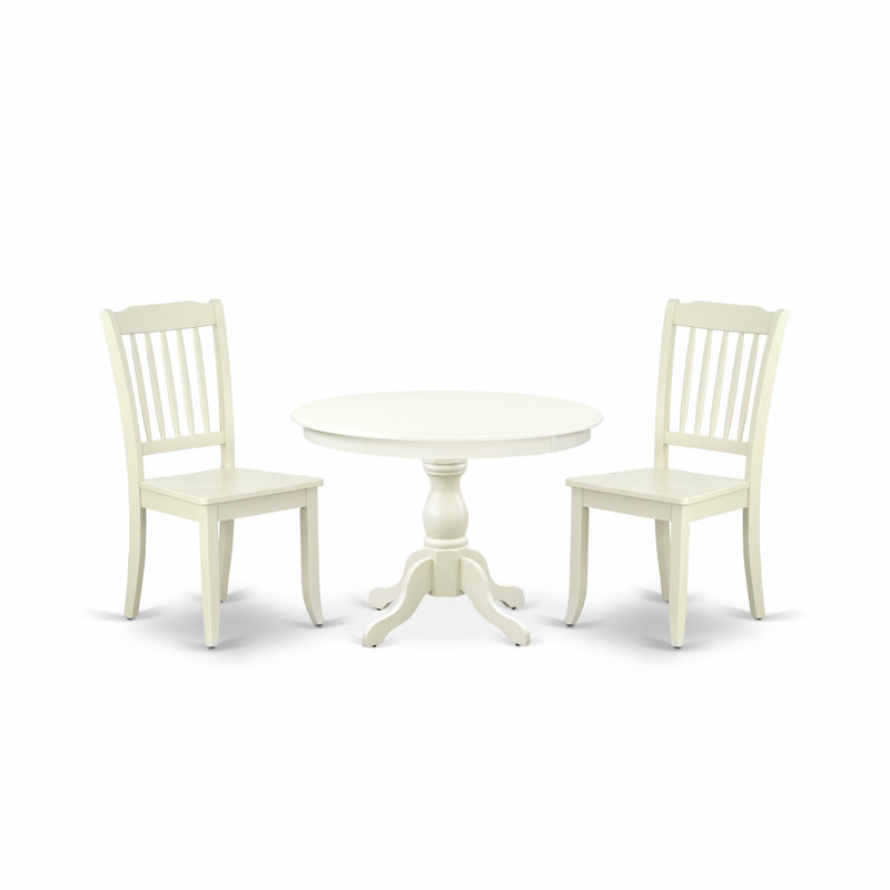 L'ensemble de table de salle à manger moderne 3 pièces comprend une table ronde en bois avec piédestal et 2 chaises, blanc lin