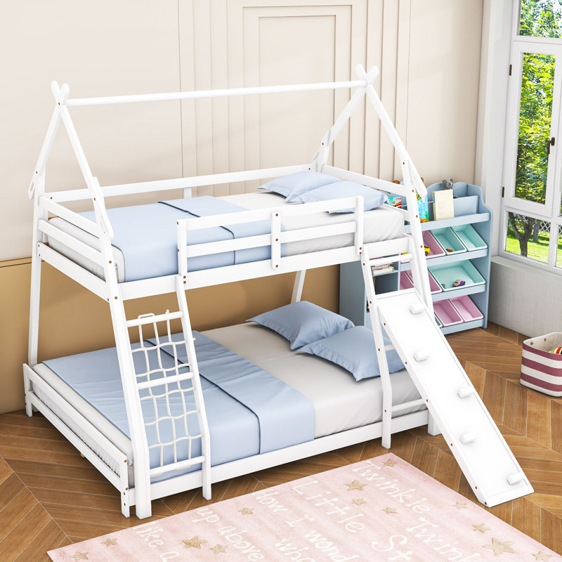 Twin Over Queen Wood House Bunk Bed With Climbing Nets And Ramp,Guardrails, White
