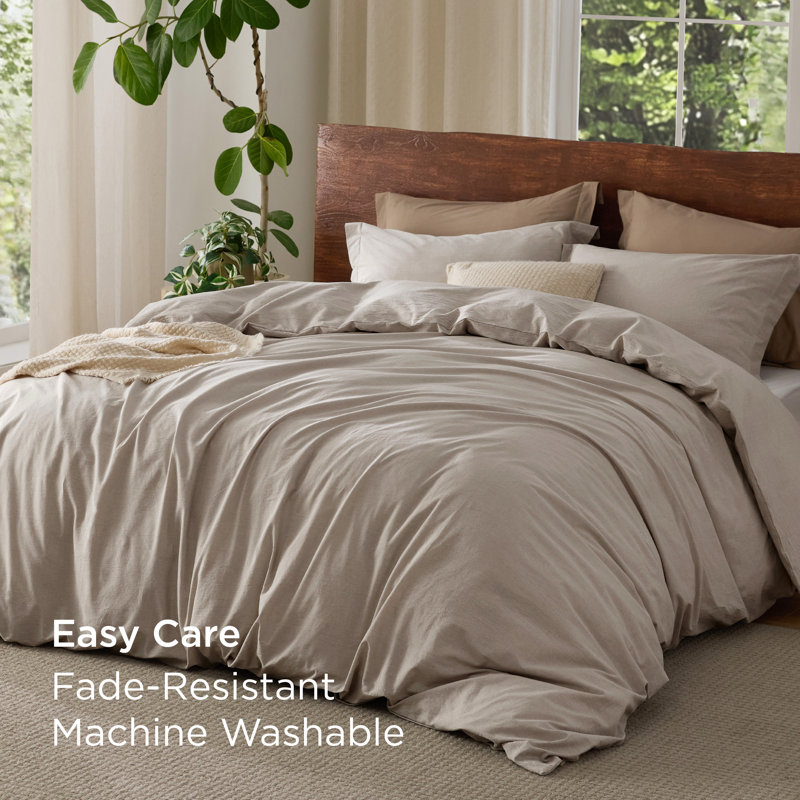 Bedsure 100% Washed Cotton Duvet Cover Set, Full Duvet Cover + 2 Shams(20"*26"), Light Brown