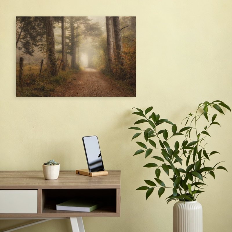 Chemin brumeux en forêt, impression d'art mural onirique et paisible représentant une forêt d'automne, H 12 po x l 18 po