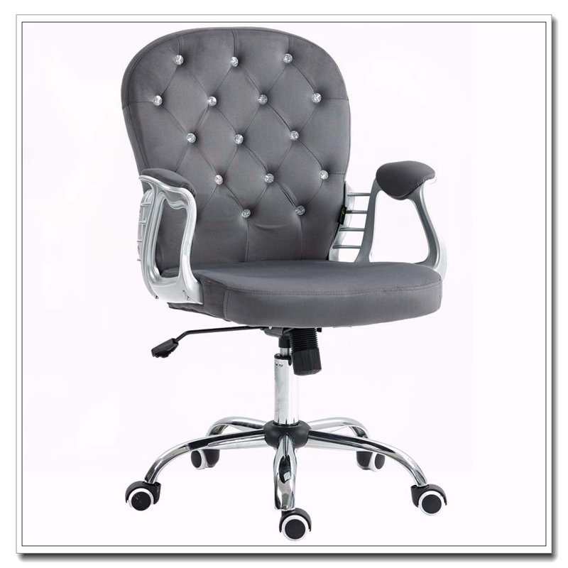 Vinsetto Velvet Home Office Chair,Button Tufted Desk Chair With Padded Armrests,Adjustable Height And Swivel Wheels,Dark Gray