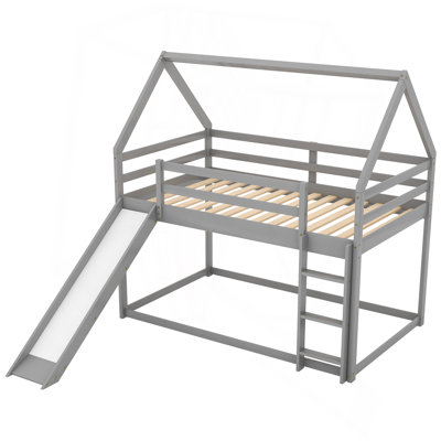 Twin Size Bunk House Bed With Slide And Ladder,Gray