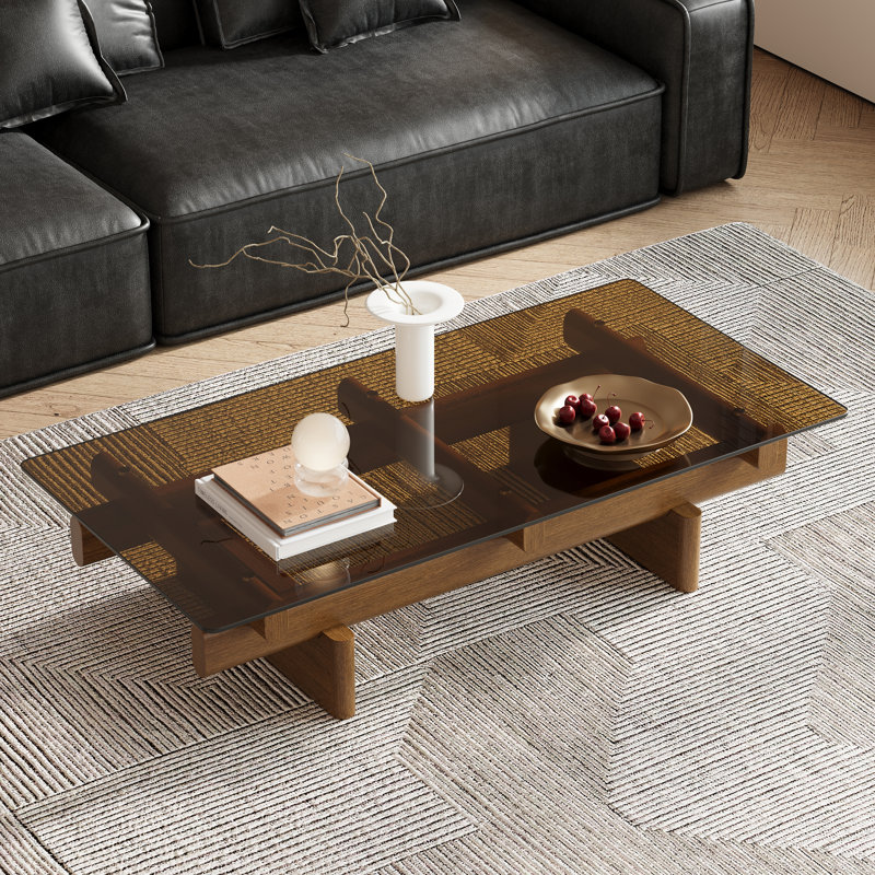 Table basse rectangulaire moderne 47,24 po, plateau en verre trempé brun pour le salon, table basse avec base en placage de bois massif, entièrement assemblée