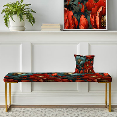 Motif de fleurs de pavot bleues et rouges - Banc rembourré floral doré