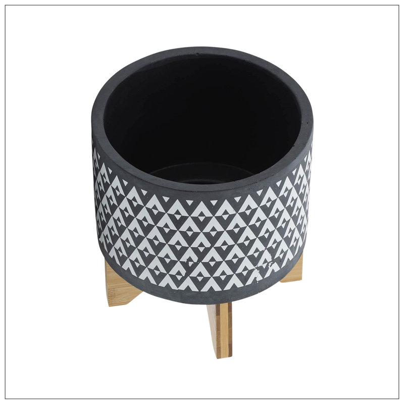 CERAMIC AZTEC PLANTER ON WOODEN STAND, GRAY, 9" H x 8" W x 8" D