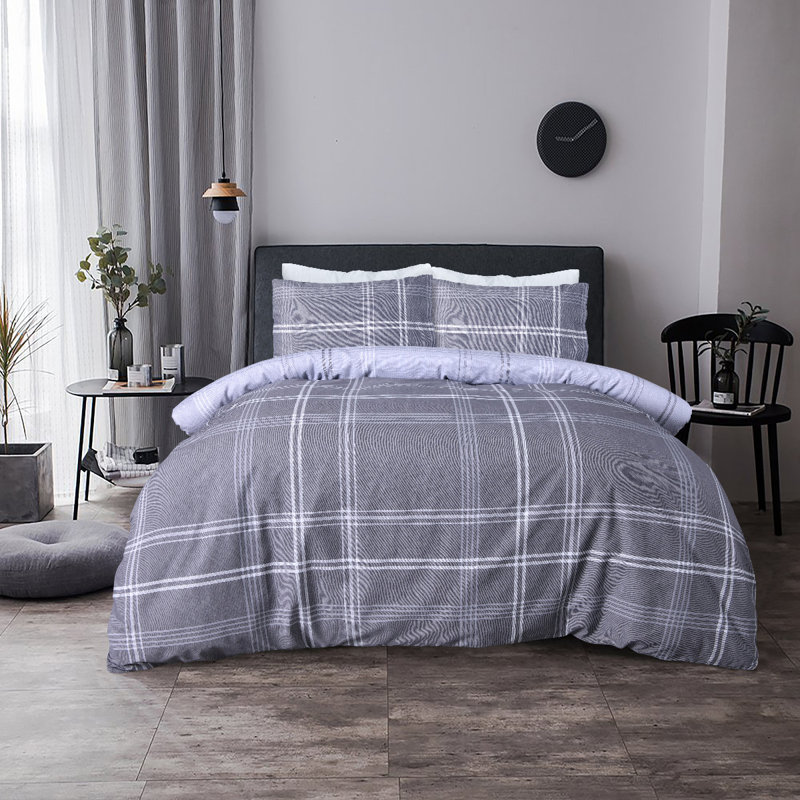 August Grove Ismail Cotton Duvet Cover Set with Pillowcases, Super King - 2 Standard Pillowcases, Grey