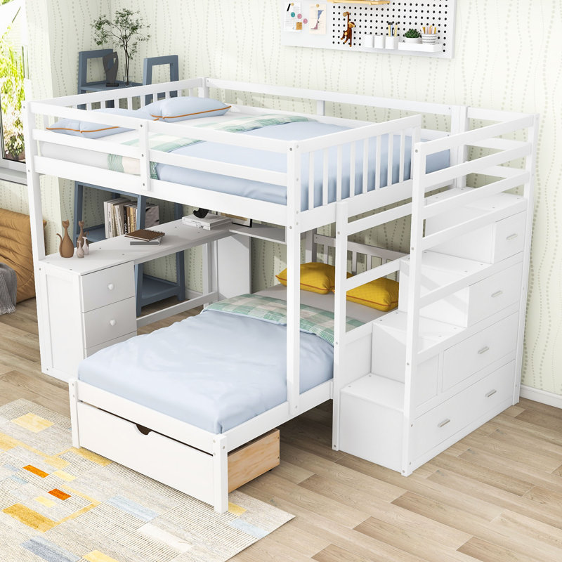 Full-Over-Twin Bunk Bed with Storage Drawers and Study Desk, White