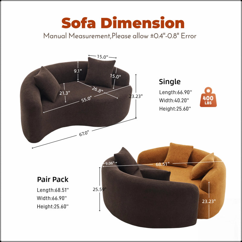 Causeuse éponge pleine compression, canapé à double profondeur courbé en S, chenille brune modulaire pour les petits espaces et la méditation, 400 lb 66,9 /