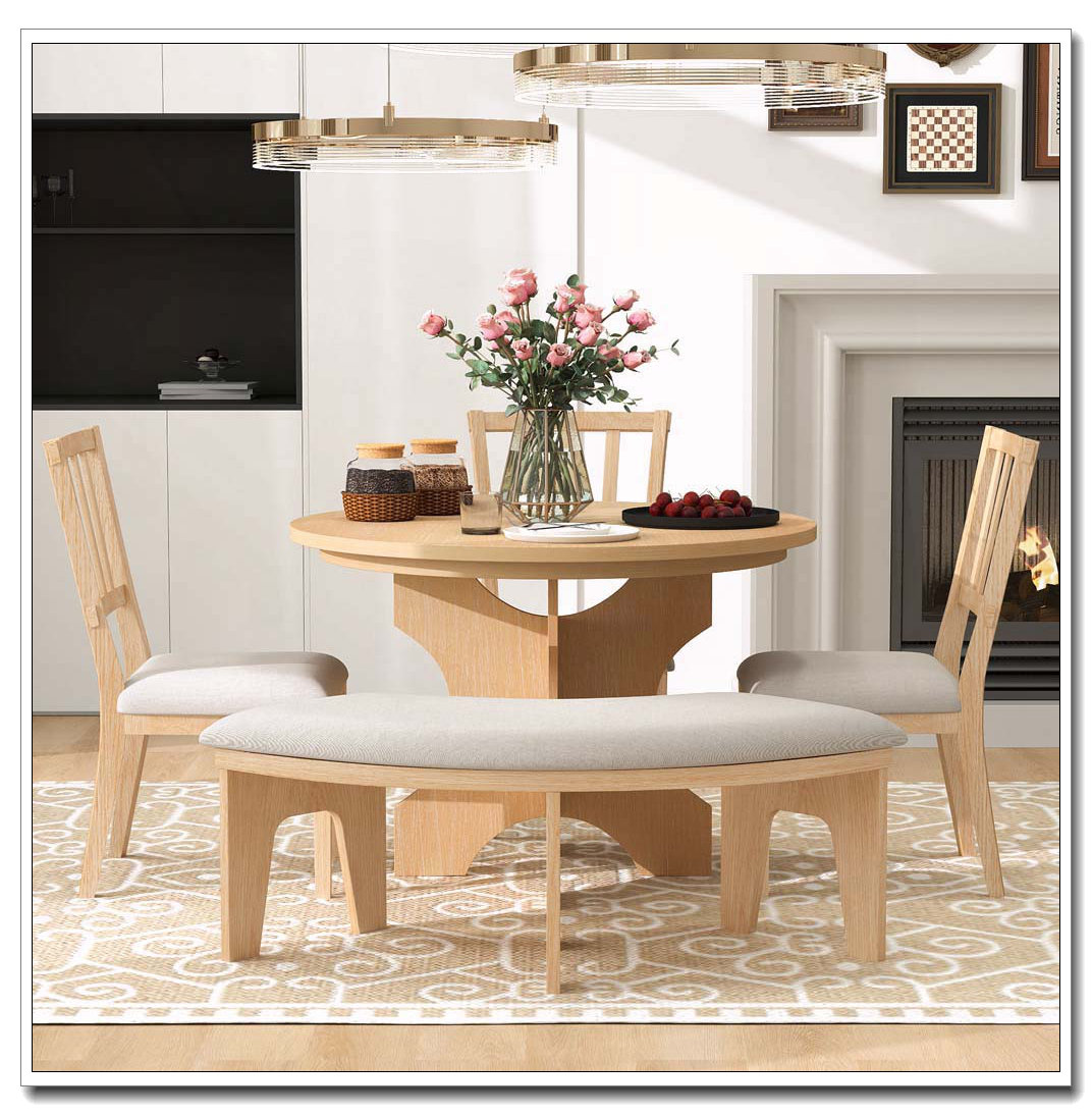 Lark Manor 5-Piece Rustic Round Dining Set with Curved Bench (Grey ...