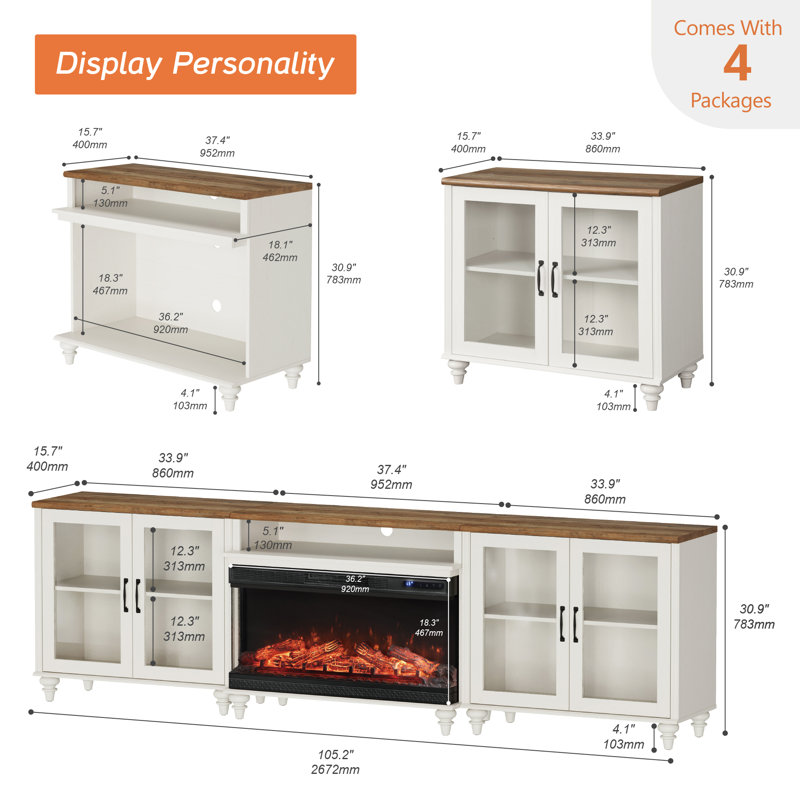 Buffet avec 4 portes en verre, grain de bois rétro, armoire avec foyer avec foyer électrique de 36 po, rangement pour bar à café, blanc, 105 po