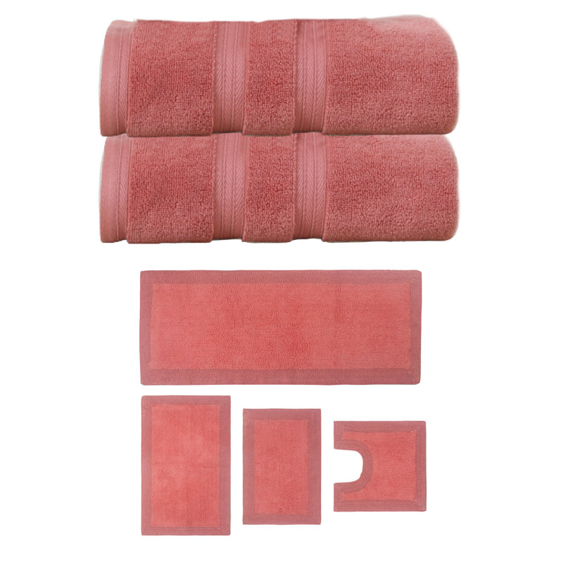 Ensemble de serviettes de bain et de tapis de bain 100% coton doux, réversible Buariki Collection, Corail