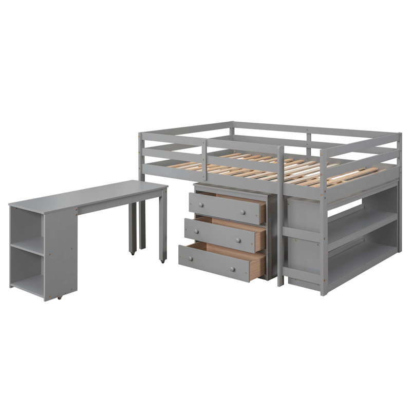 Lit mezzanine basse avec armoire, tablettes et bureau portable roulant, lit multifonctionnel, Gris
